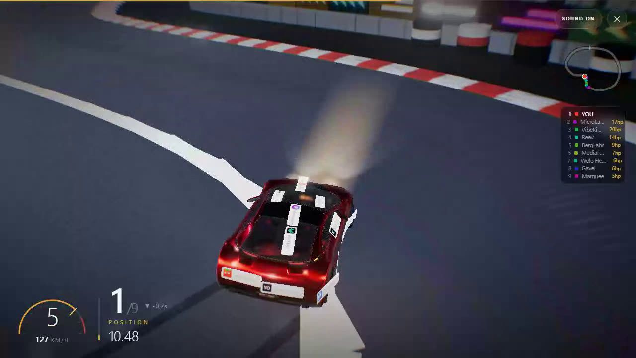 A supercar sliding sideways through a corner, tyre smoke lit by the floodlights