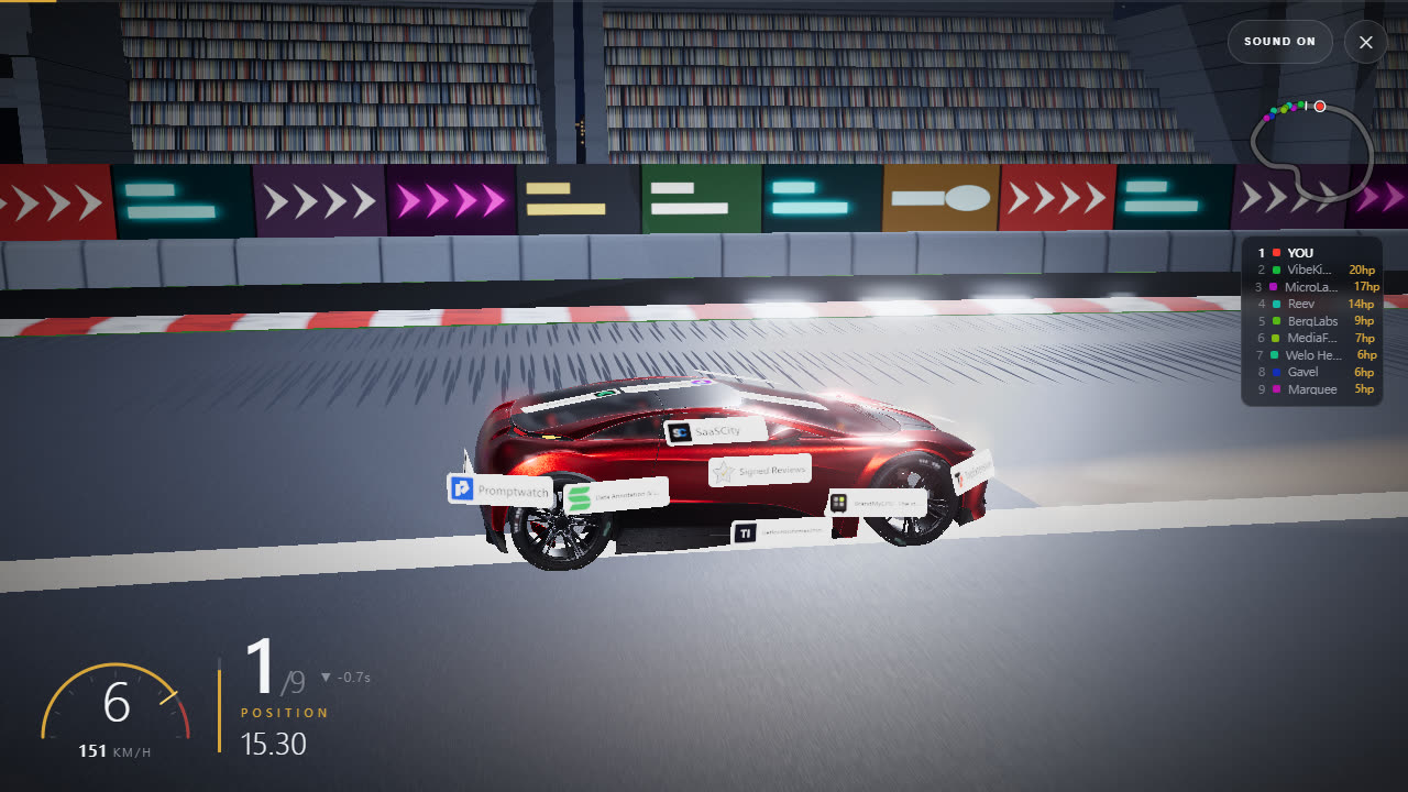 The camera orbiting the car in slow motion as it crosses the finish line