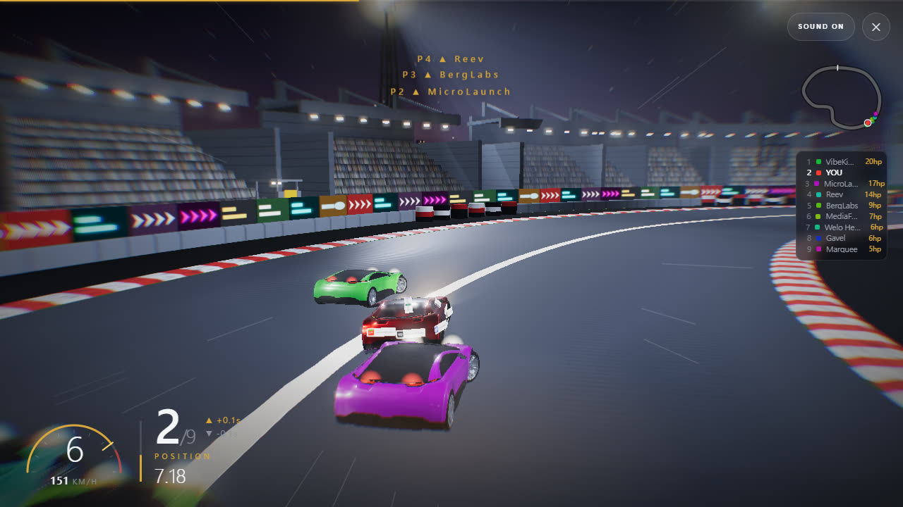 The MyLambo Grand Prix in play: a supercar at speed on a floodlit night circuit, with the position, lap time and speed readout in the corner